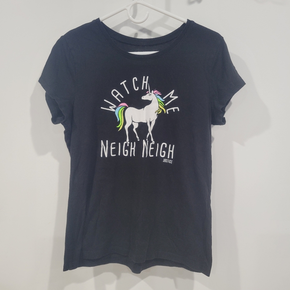 Justice Black "Watch Me Neigh Neigh" T-Shirt with Colorful Unicorn